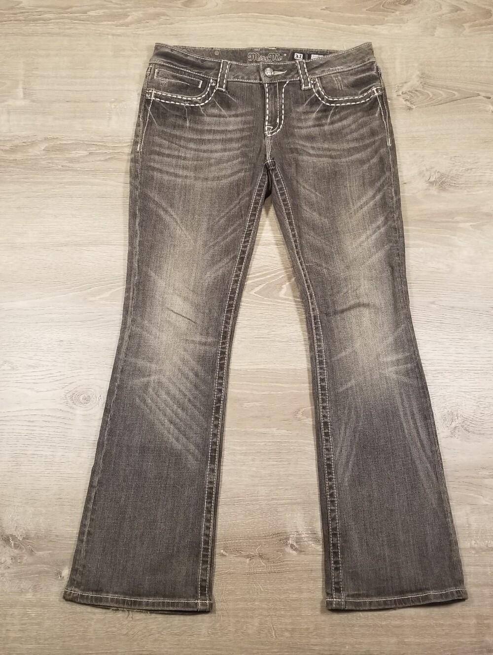 Miss Me Bootcut Jeans Gray Womens 31 (34x31) JP5109-3R Fleur De Lis Rhinestone